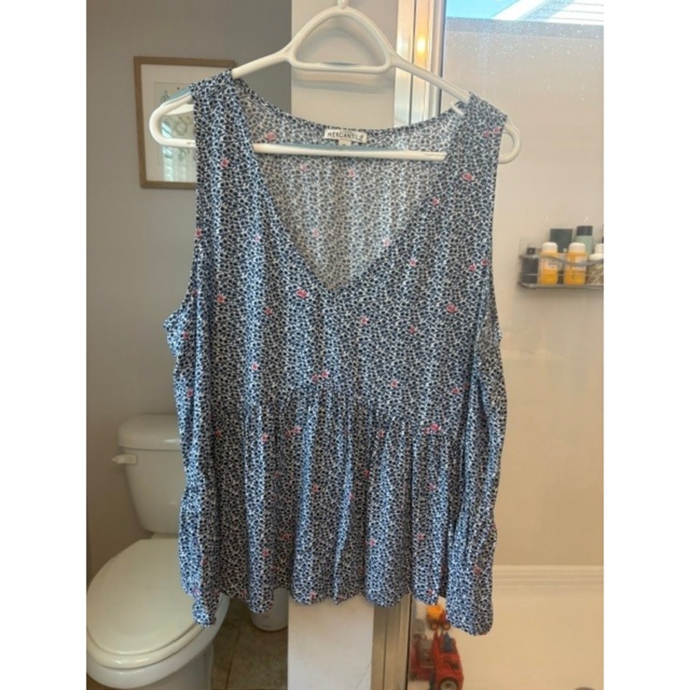 J.Crew Mercantile Women's XL Floral Peplum Top Blue White Pink Sleeveless V Neck